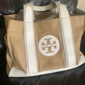 Tory Burch, canvas, straw & leather bag. Fair used condition but plenty of life